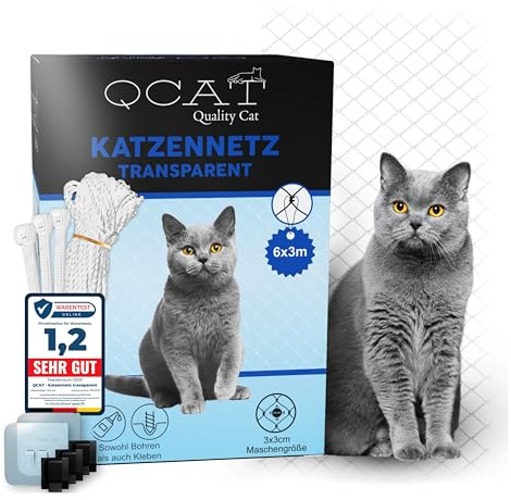 QCAT 7in1 Katzennetz für Balkon | universell, ohne Bohren, reißfest, Anpassungsfähig | Balkonnetz Fensterschutz Katzengitter Katzenschutz f. Katzen f. Fenster Balkon Terrasse (6x3m, transparent)