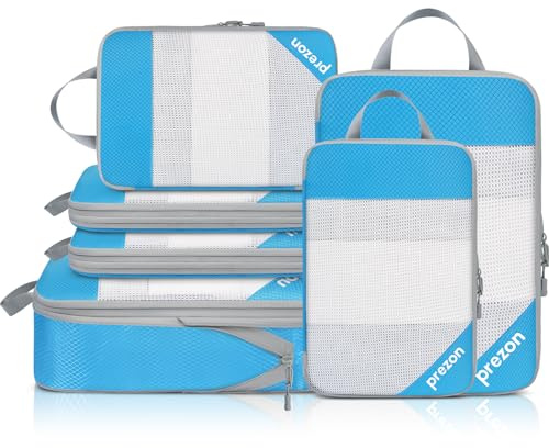 Prezon Versatile 6-Set Cubos de embalaje huecos con compresión, Diseño de malla transparente, Ahorran espacio y son ligeros, Arganizador de equipaje portátil y duradero, Azul