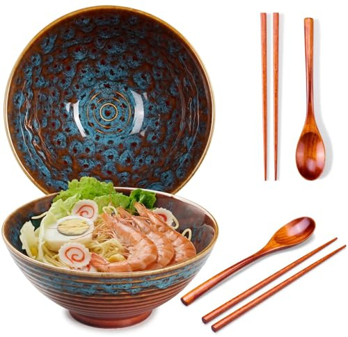Ceraozmus Lot de 2 bols à ramen en céramique - 1200ml - 20 cm - avec cuillère et baguettes pour soupe de ramen, pho, udon, nouilles asiatiques, grands bols à nouilles (Glaçage Œil de Chat 2 Set)