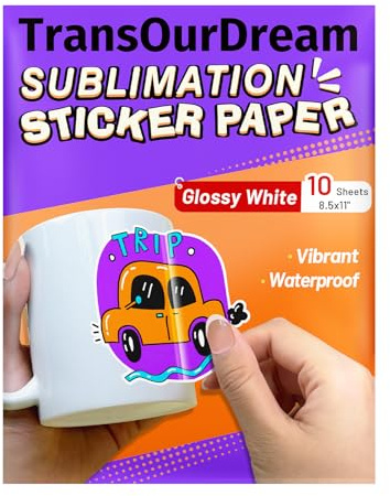 TransOurDream Sublimation Sticker Paper-10 Pcs Glossy White Waterproof Sublimation Stickers 8.5x11 inch for Sublimation Inkjet Printer and Ink,Heat Transfer Paper for Decoration on Tumblers(GW-10)