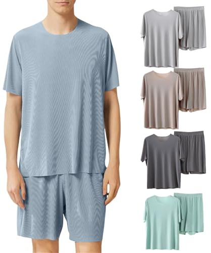 Jmwedia Schlafanzug Herren Kurz,Herren Schlafanzug Kurz Cozy Men's Modal Pyjama Set Short Sleepwear Short Sleeve Top Trousers Leisure Summer Loungewear for Men Soft Pyjamas Pj Sets with Pockets