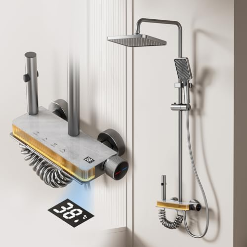Umisu - Columna de ducha con pantalla LED digital, sistema de ducha regulable en altura, 4 tipos de chorros, sistema de ducha de pared con grifo, color gris