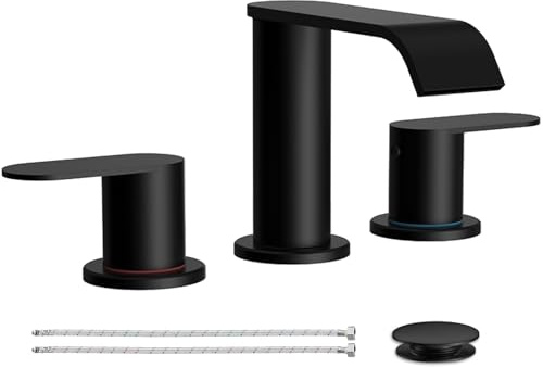 Homevacious Matte Black Waterfall Bathroom Faucet for Sink 3 Hole 8 Inch Widespread Bathroom Sink Faucets with Pop-up Drain Supply Lines Stainless Steel 2-Handle Bathroom Sink Faucet for Bath Vanity
