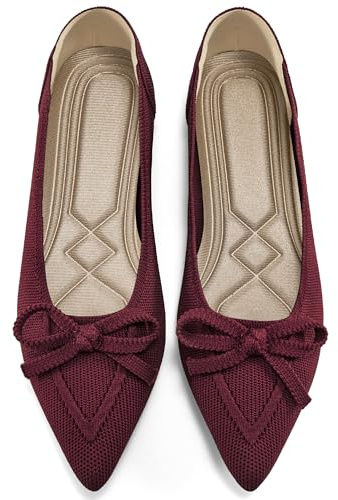Ablanczoom Ballet Flats Shoes for Women: Dressy Pointed Toe Bow Knit Flats Comfortable Slip On Work Business Casual Shoes Wine Red