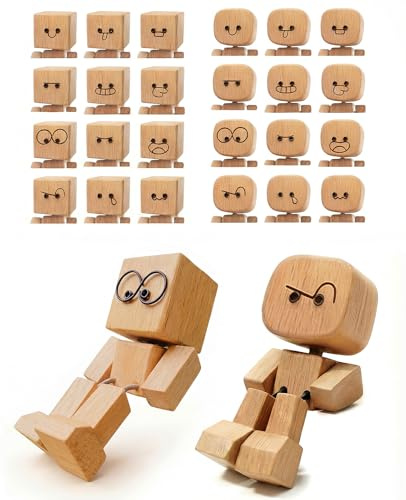 Gaahkai 2PCS Shaking Wooden Man for Dashboard, Little Wobbly Shaken Figure with Spring Legs Feet, Buddy Leg Guy with 24PCS Magnetic Changeable Faces