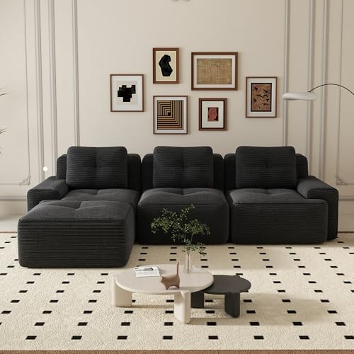 Canapé d'angle convertible, 293 cm Canapé 4 places en L, compressible canapé modulable Cloud avec assise profonde, canapé confortable et librement combinable pour le salon, velours côtelé, Noir