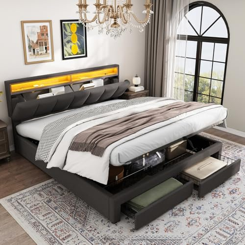 BLSYHDH Cama con Almacenamiento HidráUlico 160x200,Cama Doble Tapizada con LED,Camas Acolchadas con 2 Cajones,Cama Funcional Juvenil,Camas Matrimoniales (Gris+Lino-A)