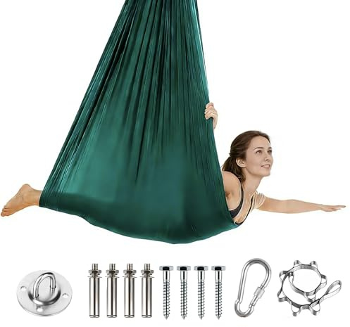XHWOLGARIAN Set Amaca Yoga Aerea Antigravità 280x150cm, Tessuto Nylon Traspirante e Durevole per Adulti, Kit di Installazione Completo per Fissaggio a Soffitto Portata 200kg (Verde Scuro)