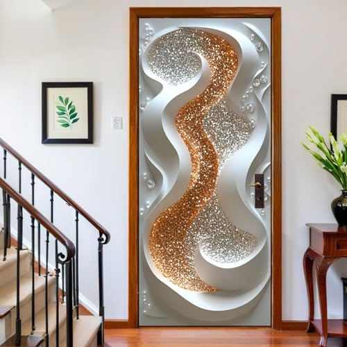 Adesivi per Porte Interne onde geometriche 3D 90 x 210 cm Carta da Parati Porta Autoadesiva bianco grigiastro Poster Murale Rimovibile Decor Parete per Soggiorno Cucina Camera da Letto