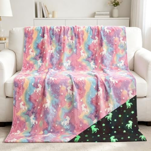 BDKCYO Manta para niños con Unicornios/búhos/fútbol/Espacio Exterior, Brilla en la Oscuridad, Manta Suave y Luminosa para niños y niñas, Manta para sofá Infantil (Unicornio, 130 x 150 cm)