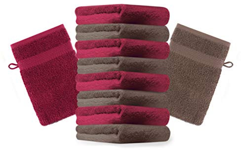 Betz 10 Stück Waschhandschuhe Premium 100% Baumwolle Waschlappen Set 16x21 cm Farbe nussbraun und dunkelrot