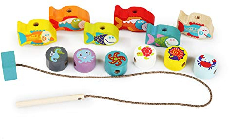 Cubika 13647 - Juego de Ensartar de Madera – Peces, Juego Infantil de motricidad. Más 3 años