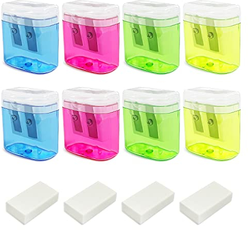 Lot de 8 taille-crayons à double trou et 4 gommes, taille-crayon manuel avec couvercle, taille-crayon portable à double trou avec récipient pour enfants, adultes, étudiants, école, maison, bureau