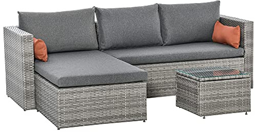 Outsunny Mobili da Giardino Set 3 Pezzi in Rattan PE con Divano 2 Posti, Chaise Longue e Tavolino da Caffè, Grigio