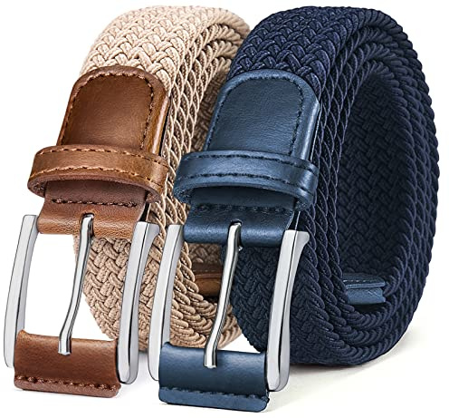 BULLIANT Elastischer Flechtgürtel 2er, Gürtel Herren Damen Stoffgürtel Geflochten Stretchgürtel Golfgürtel 35mm(Beige/Antikblau-115cm/36-40 taille verstellbar)