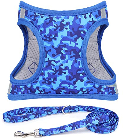 Moonpet Step in Air Hundegeschirr Leine Set – Reflektierendes Blumenmuster gepolsterte Netzweste Geschirr für Katzen, Welpen, extra kleine, kleine, mittelgroße Hunde - Blaue Tarnung -XXS