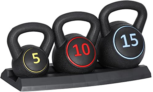 Nouva 3-Piece Kettlebell Sets with Storage Rack, 5lb, 10lb, 15lb Strength Training Kettlebells Wide Grip Kettlebell Exercise Fitness Weight Set for Home Gym Weightlifting, Strength & Core Training