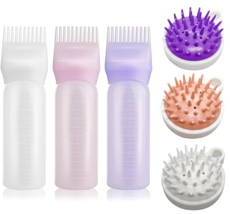 FIHODONE 3 Hair Oil Applicator Bottle 3 Scalp Massager,Root Comb Applicator Bottle Graduated,Hair Dye Brush 120ml,Hair Massager Scalp Shampoo Brush(Pink+White+Purple)
