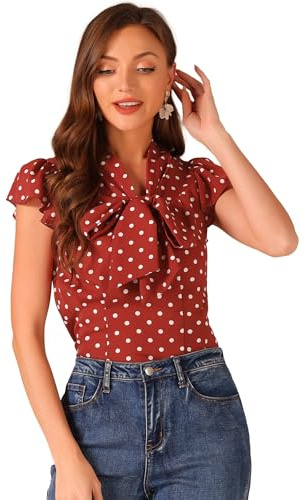 Allegra K Femmes Chemise Bureau Pois Chemisier Col Noué Manches Volants Rouge M