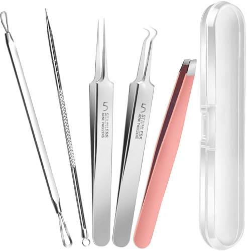 Auiremrti Kit di strumenti per rimuovere punti neri e brufoli, 2 estrattori di punti neri, 1 pinzetta per capelli incarnita, 2 brufoli, strumenti per l'acne per il viso