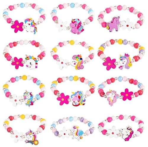 SGERUFZ 12 Pezzi Braccialetti di Legno per Bambine, Braccialetto dell'Amicizia Unicorno Fatto a Mano, Gioielli per Bambini, Favori per Feste di Compleanno, Regali per Bambine (Colorati)