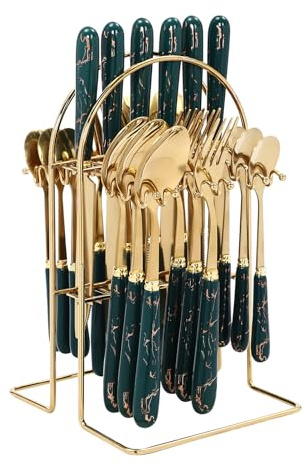 24-Piece Cutlery Set with Stand, Service for 6, Stainless Steel Flatware Set for Family Meals and Gatherings-Dark Green
