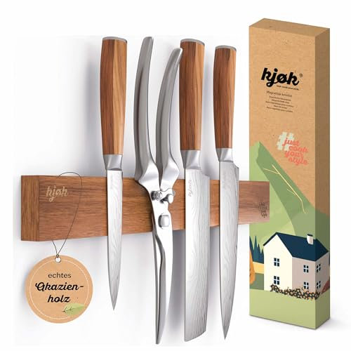 kjøk Premium Barra magnética para cuchillos de madera de acacia - montaje en Pared con adhesivo o tornillos - Soporte magnético de madera Iman para cuchillos de cocina - Incl. accesorios