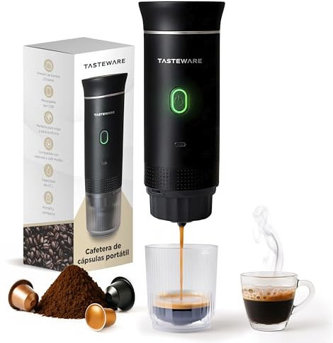 TasteWare Cafetera Portatil Capsulas - Cafetera Portátil de Espresso 3 en 1, Máquina de café portátil, Para cápsulas pequeñas o grandes y café molido, Cafetera de viaje portatil individual