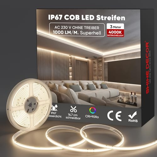 Shine Decor LED-ljusremsa, AC 220 V 230 V LED-remsa, IP67 vattentät, 432 lysdioder/m ultrahög ljusstyrka LED-remsa för dekorativ belysning inomhus och utomhus (naturvit, 3 m)