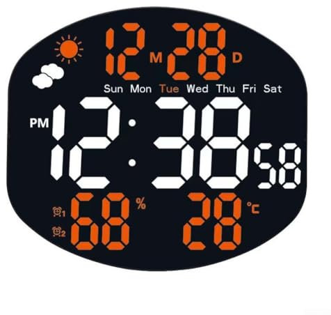 Stazione meteo digitale, orologio da parete con display a LED, temperatura e umidità, telecomando, grande schermo con data e ora (bianco arancione)