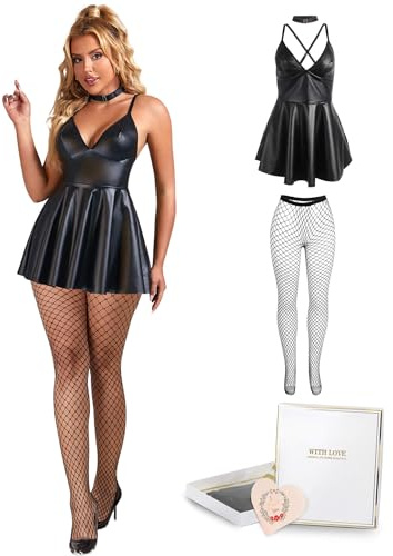 ohyeahlady Stor storlek, sexig klänning, erotisk, konstläder, miniklänning, kort bodycon, klubbklänning, chic, aftonklänning, V-ringad, underkläder, med rund hals, sexig outfit, pute, wetlook, bodycon