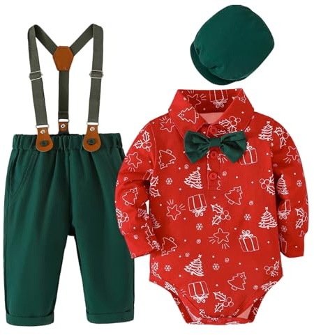 Fohuanky Completo natalizio per neonato Abiti formali per bambini piccoli Set da 4 pezzi per gentiluomini Body Papillon Cappello e pantaloni con bretelle (Rosso, 3-6 Mesi)
