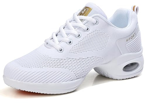 Hiuzylqx Dam Jazzdansskor Delad Sula Casual Mesh Snörning Skor Platå Latin Ballroom Sneakers Med Luftkudde,White,36 EU