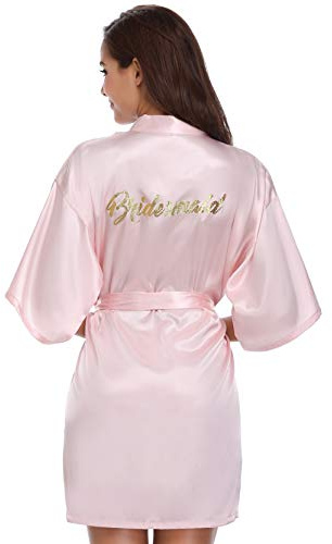 Vlazom Peignoir Satin Femme Robes de Chambre et Kimonos de Mariée Robes de Chambre Soie Court Kimono Col V avec Ceinture,Rose For Bridesmaid,S