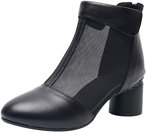 Jamron Dam eleganta ankelstövlar med blockklack andningsbara nät ihåliga sommar tossor pumps, Svart - Svart n¨t - 38 EU