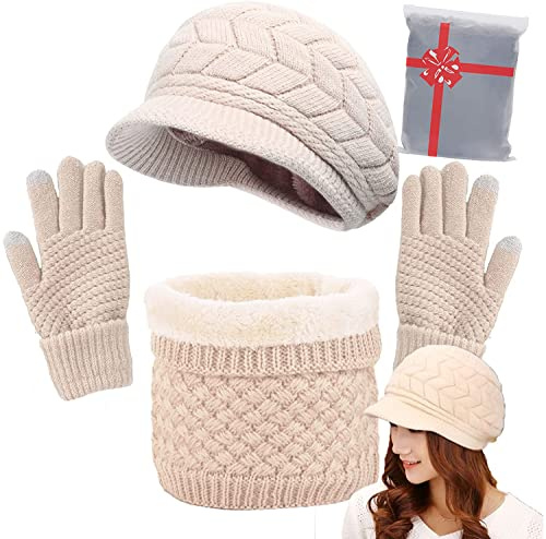 CheChury Gorras Invierno con Bufanda y Guantes Mujer Moda Calentar Sombreros Gorras de Punto Forro de Lana Guantes Táctiles Deportes de Invierno,Beige,Onesize