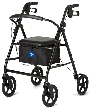 Medline Rollator Walker in alluminio con sedile, pieghevole Mobility Rolling Walker ha ruote da 8, nero