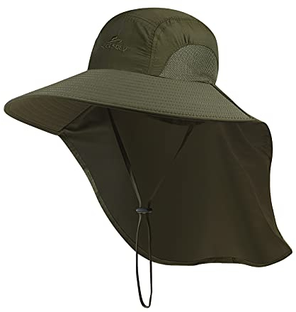 Outdoor Sun Hat for Men with 50+ UPF Protection Safari Cap Wide Brim Fishing Hat with Neck Flap, for Dad Army Green
