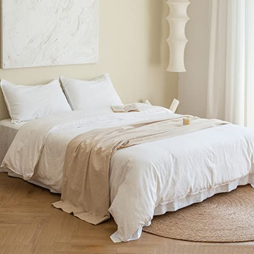 BISELINA French Linen Duvet Cover Set 3pcs with Hidden Zipper Closure Natural Flax Cotton Blend Solid Color Soft Breathable Luxury Farmhouse Bedding -King Size, White
