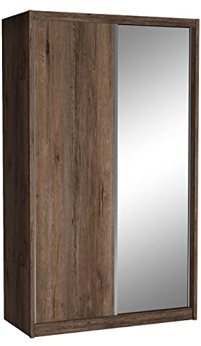 Cool24 Karol Kleiderschränke - Modern Schwebetürenschrank - Kleiderschrank mit Spiegel und Kleiderstange - Schlafzimmerschrank 140cm mit 7 Regale - Kleiderschrank Walnuss - Schrank Schlafzimmer