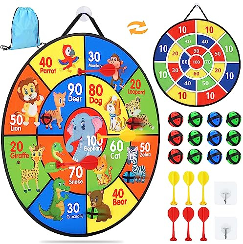 26 Inches Double-sided Foldable Kids Dart Board Set, Maomaoyu Velcro Dart Board for Party Garden Games for Kids with 12 Velcro Balls, Outdoor Toys & Presents for 5 6 7 8 9 10 11 Year Old Boys, Animal