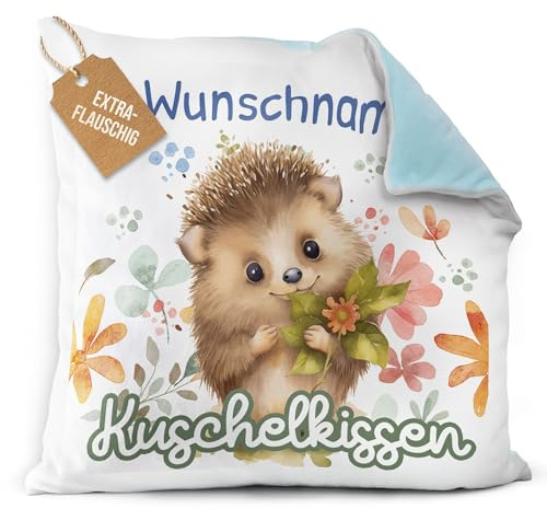 PR Print Royal Flauschiges Kuschel-Kissen für Kinder mit Füllung mit Name selbst gestalten - Igel Kissen für Mädchen und Jungs, Kinderkissen mit Name | 40 x 40 cm, Rückseite Hellblau Flauschig