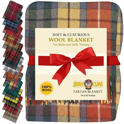 BRAW CLANS TARTANS Luxurious Wool comfort Tartan Blankets for beds, Sofa throws - Winter warm large size 74x62- Scottish plaid check Cozy Rug - Fringed edges, Soft - (Buchanan Antique Tartan)