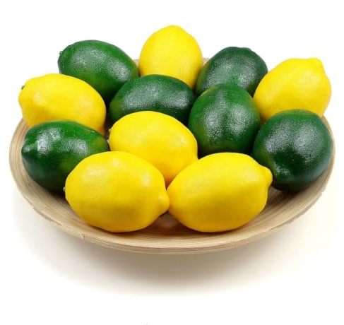 Ikosora Paquete De 12 Piezas De Limones Falsos, Limones Amarillos Artificiales para Manualidades De Decoración, Limas Falsas Realistas Conjunto Mixto Decoración Hogar Florero Rellenos Tazón De Frutas