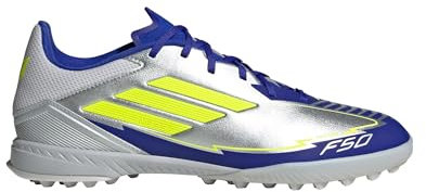 adidas Unisex F50 League Football Boots Turf, Silver Metallic/Solar Yellow/Lucid Blue, 46 EU