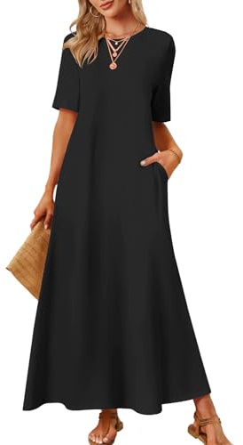 MEROKEETY Women's 2025 Summer Maxi Dress Casual Short Sleeve Beach Vacation Crewneck Basic Long T Shirt Dresses, Black, Medium