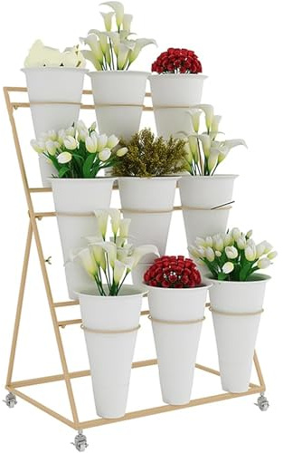 Présentoir à fleurs d'extérieur, présentoir pour plantes avec seaux en plastique à 3 niveaux, meuble de fleuriste en fer forgé mobile avec roulettes pour patio, jardin, salon (Taille: 75 cm, Couleur