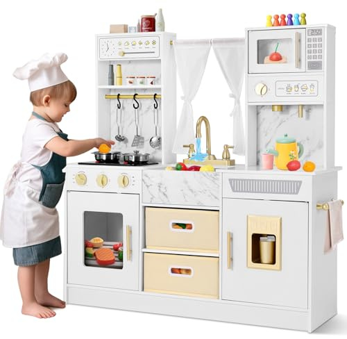 Kids Wooden Kitchen, Large Pretend Play Kitchen Toys with Sound and Light