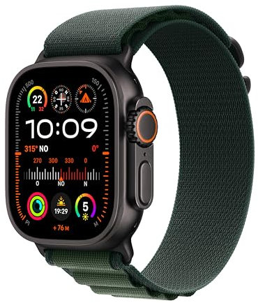 Apple Watch Ultra 2 (49 mm GPS + Cellular) Montre de Sport connectée avec Boîtier en Titane Noir et Boucle Alpine Vert foncé (Medium). Suivi de l’activité, GPS Haute précision, Neutre en Carbone