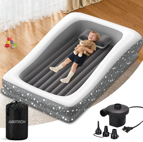 Abdtech Inflatable Toddler Travel Bed - 67'' Large Size Safety Kids Air Mattress with 4 Sides - Portable Camping Bed for Outdoor Sleepovers, Easy to Inflate & Deflate with Storage Bag & Pump, Grey